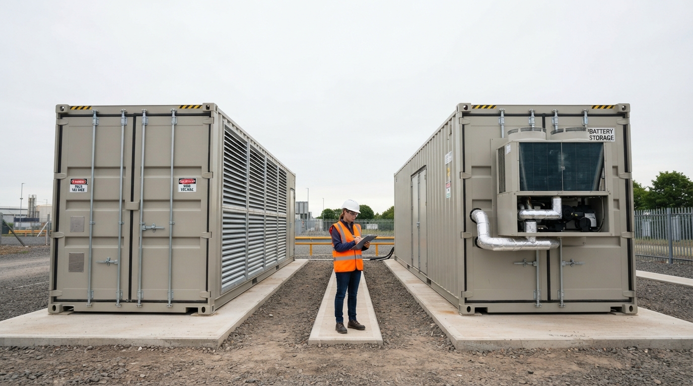 Engineer comparing two 2.6MWh battery containers with different cooling systems