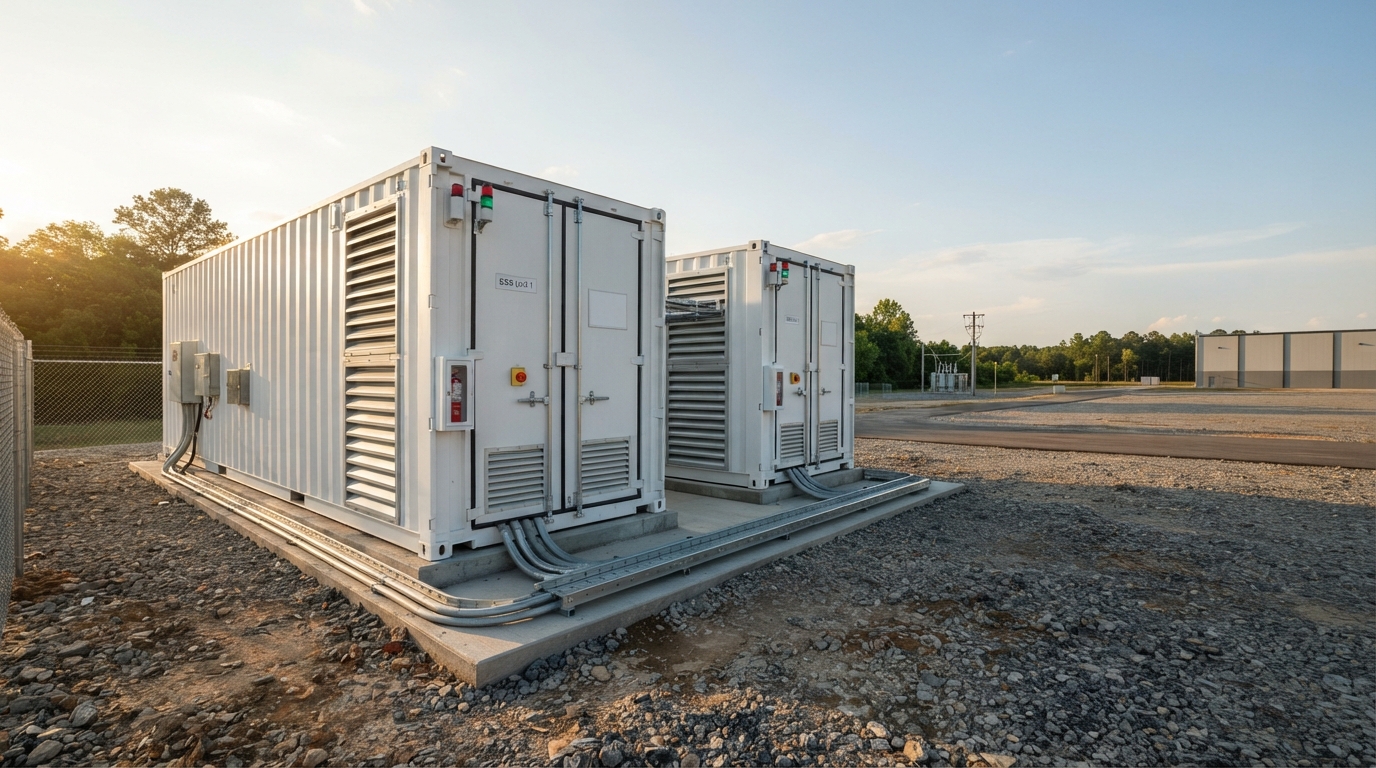 Containerized 1MWh battery storage units at a commercial site