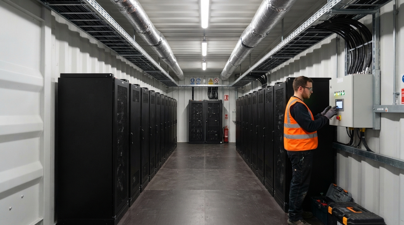 Inside a containerized BESS with battery racks and BMS panel