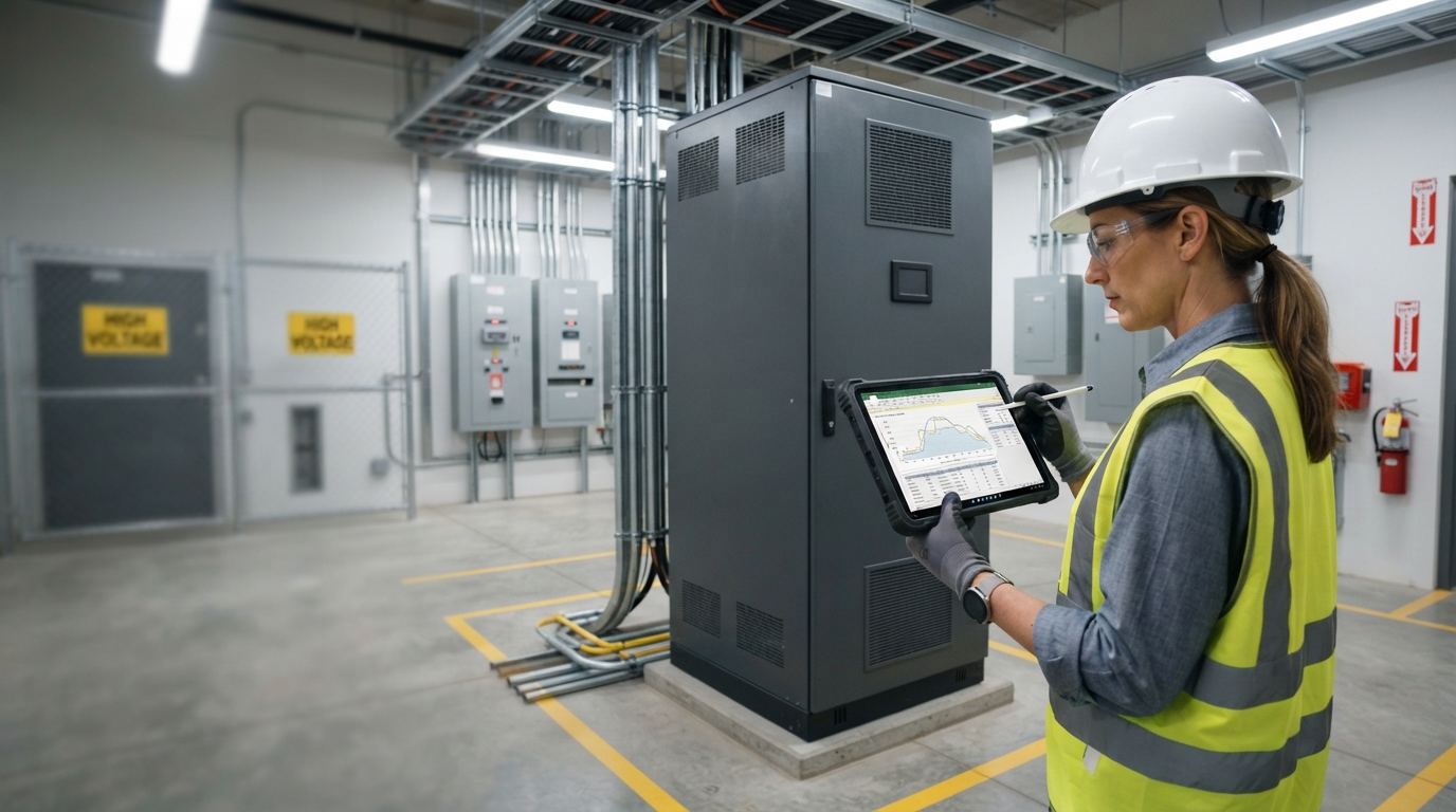 Engineer reviewing commercial battery storage sizing data beside an industrial BESS cabinet.