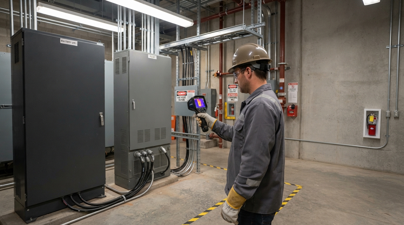 Engineer inspecting commercial battery and PCS cabinets in a restricted electrical room.