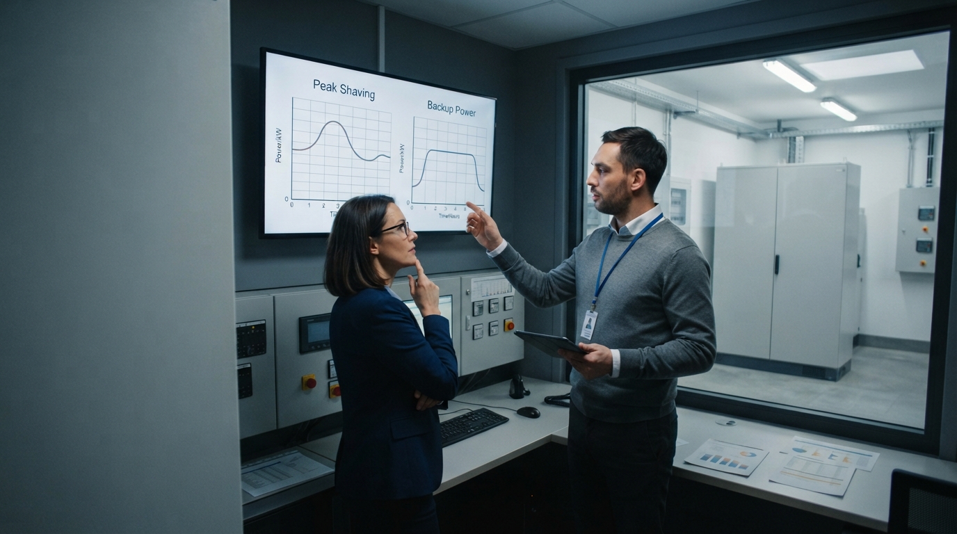 Energy manager comparing peak shaving and backup power sizing scenarios on a monitor.