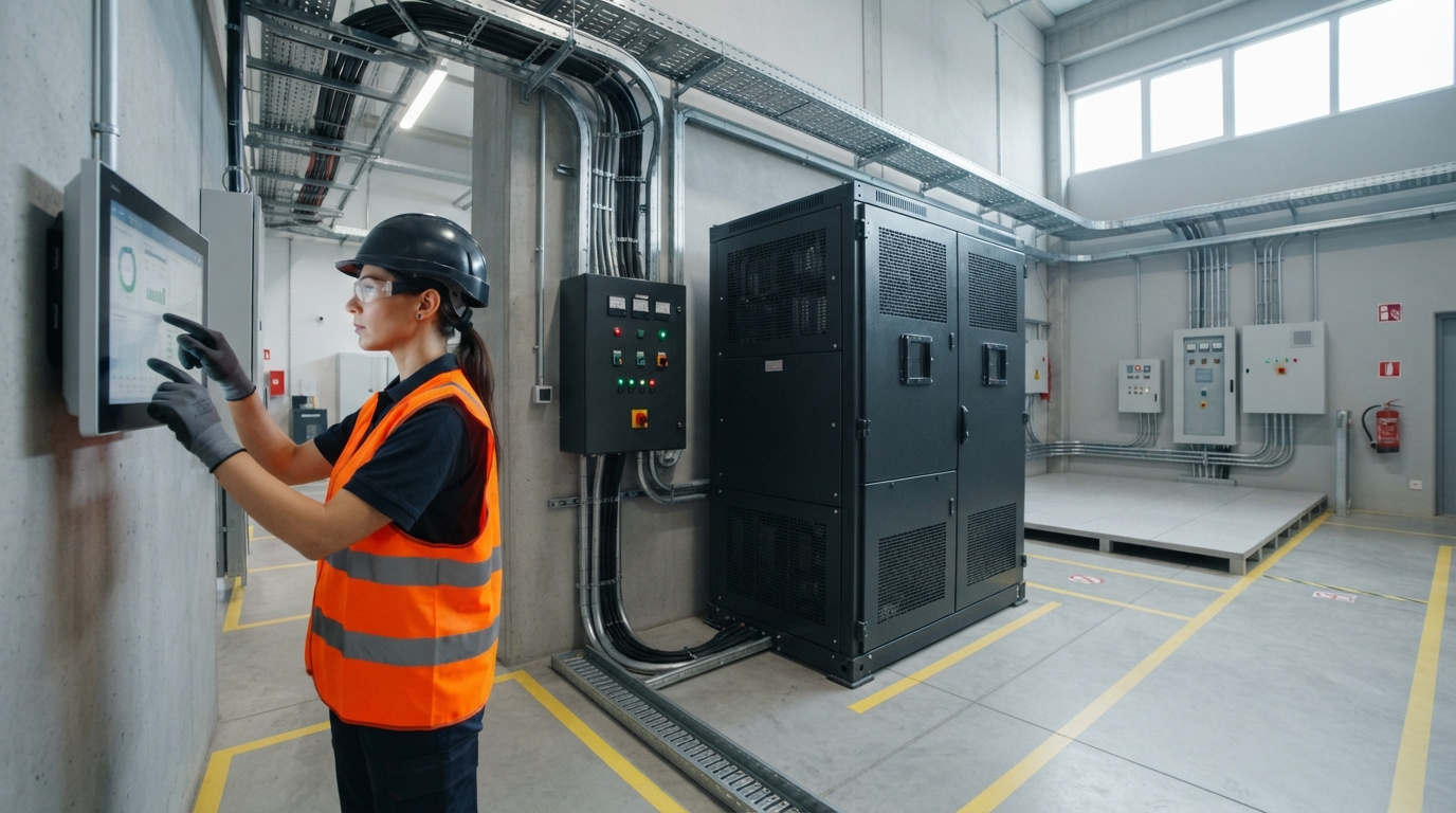 Industrial battery storage cabinet in a factory electrical room with engineer checking monitoring screen