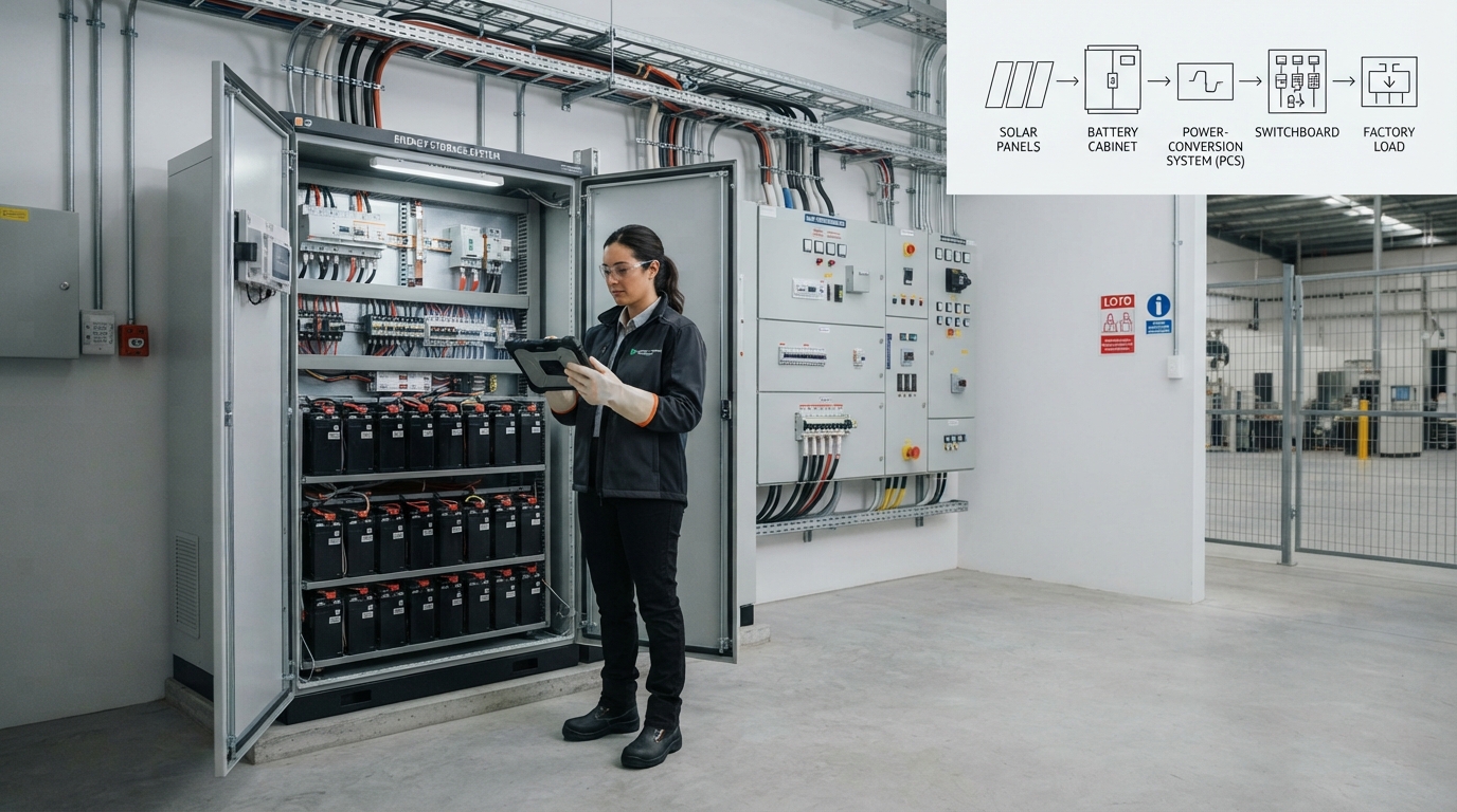 Engineer inspecting battery modules inside an industrial battery cabinet connected to switchboard