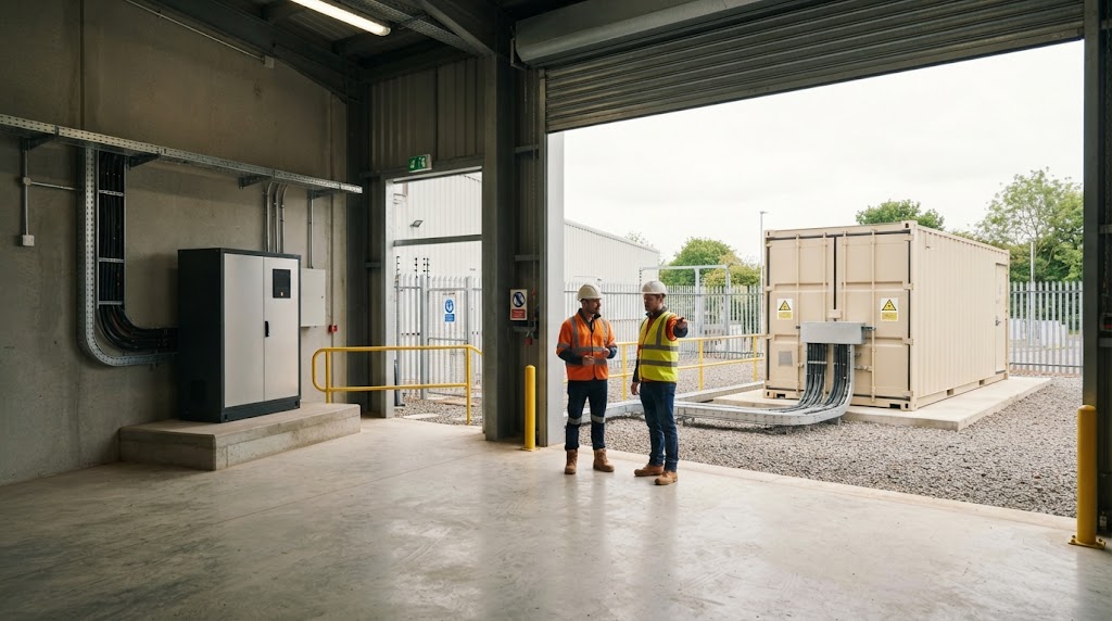 Indoor battery cabinet and outdoor containerized BESS compared in a factory setting