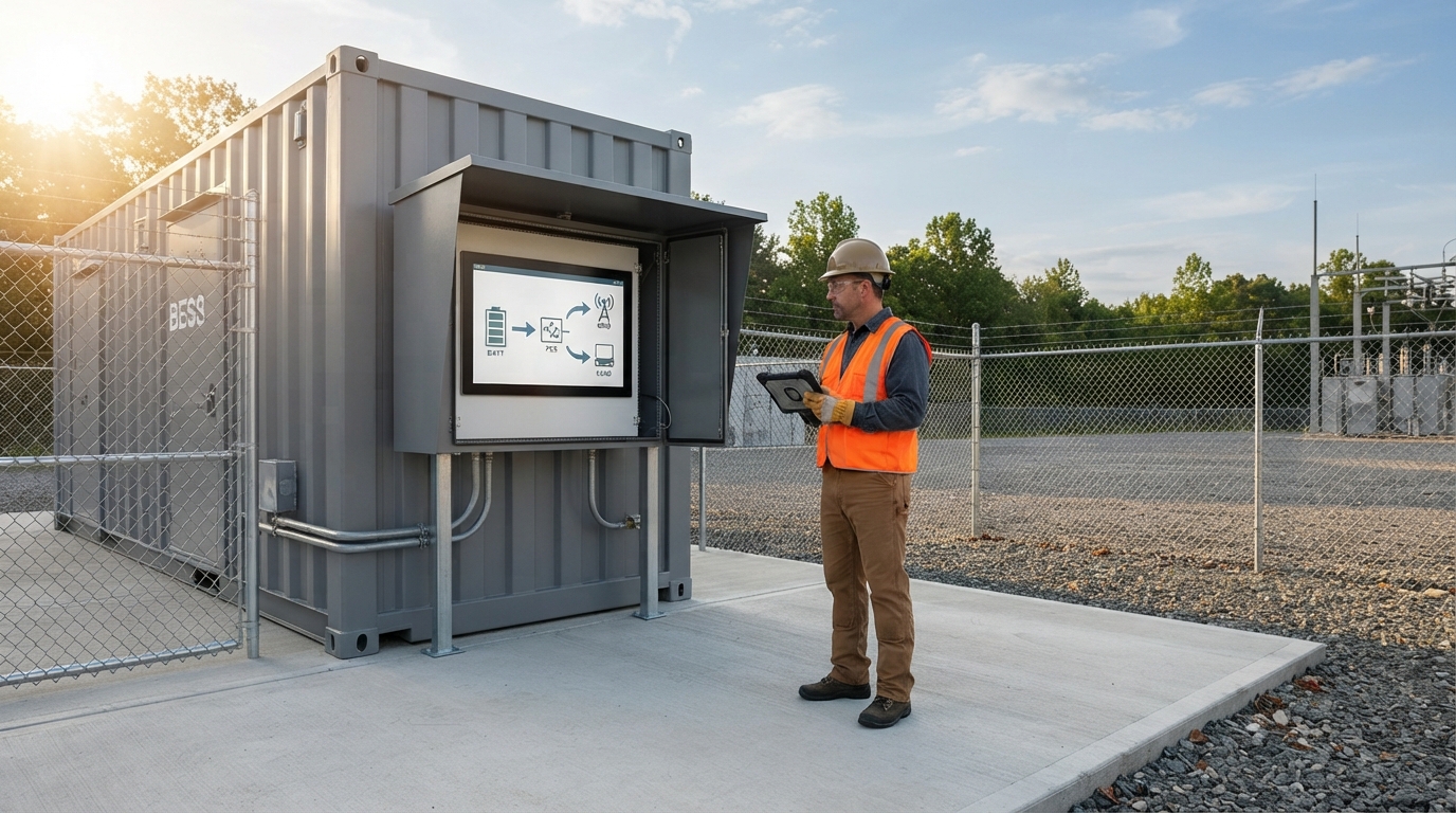 BESS container energy storage enclosure with technician viewing an energy management display showing battery, grid, and load flow.