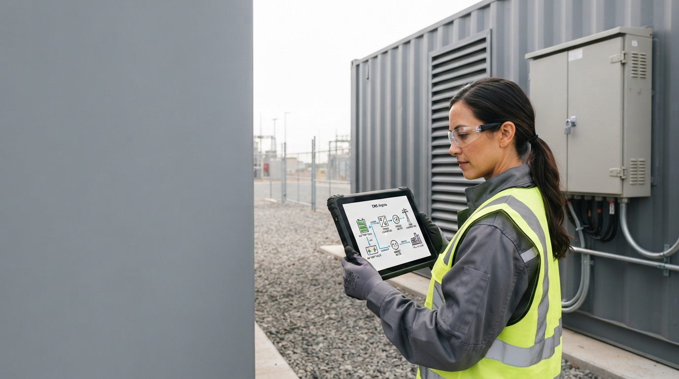 Engineer reviewing a control-loop diagram for a BESS container EMS on a tablet beside the container.