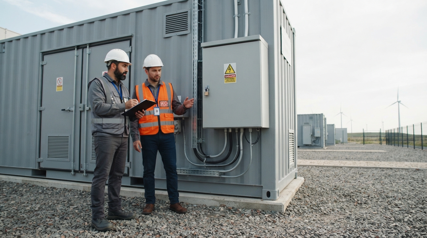 Two engineers in PPE inspecting a BESS container control cabinet while reviewing a specification checklist.