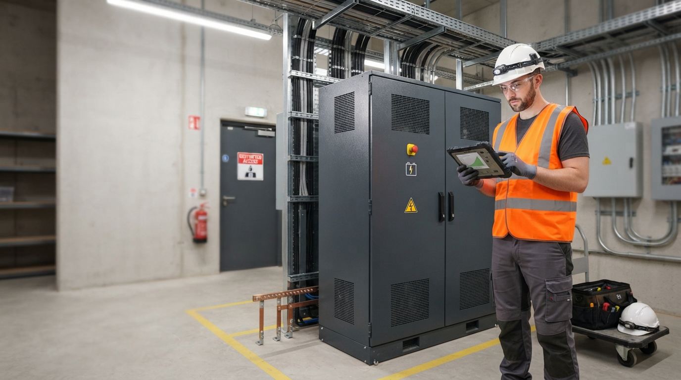 Commercial battery storage system in an electrical room with engineer reviewing a tablet.