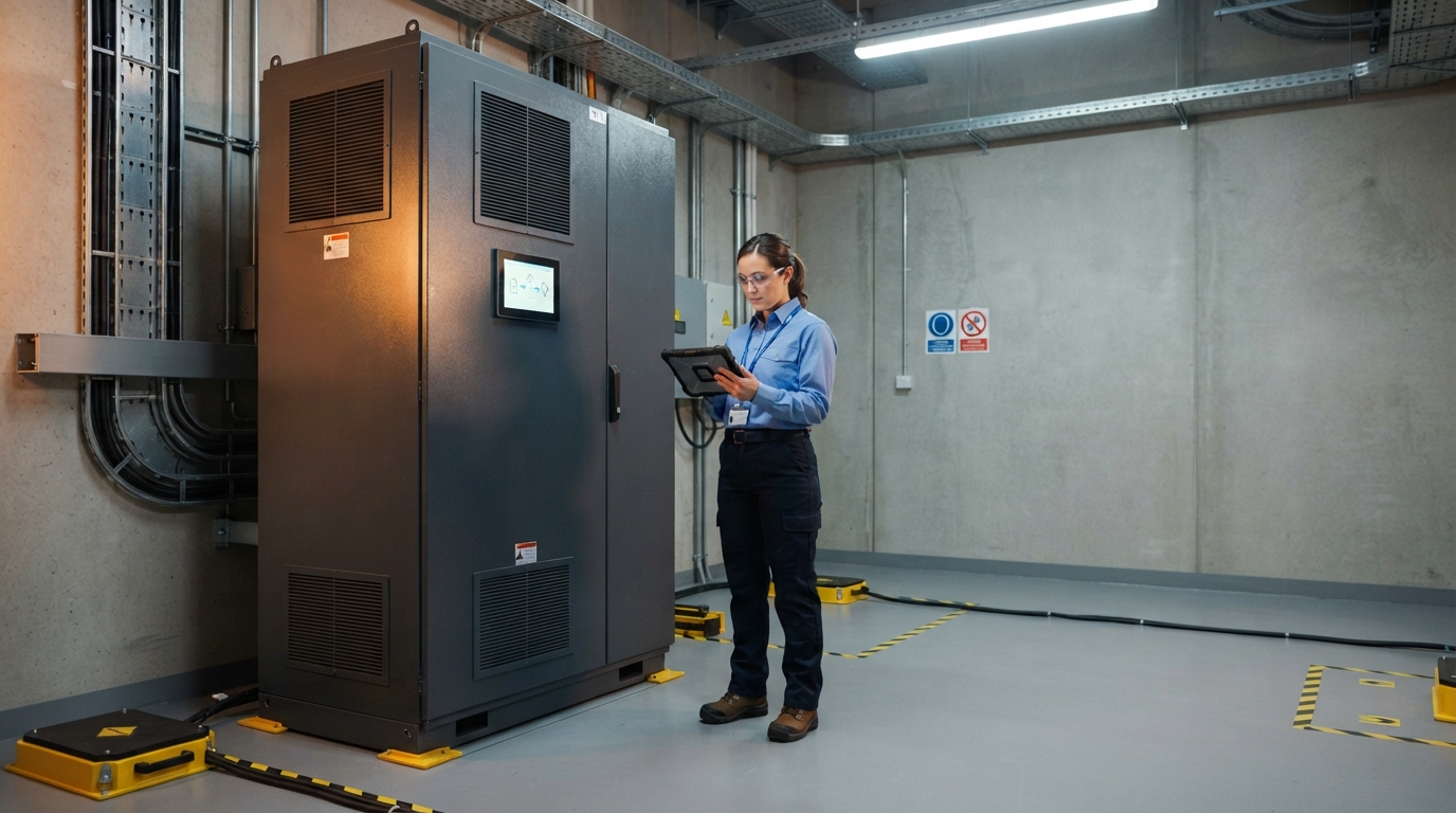 Technician monitoring a commercial battery storage cabinet's power flow in an electrical room.