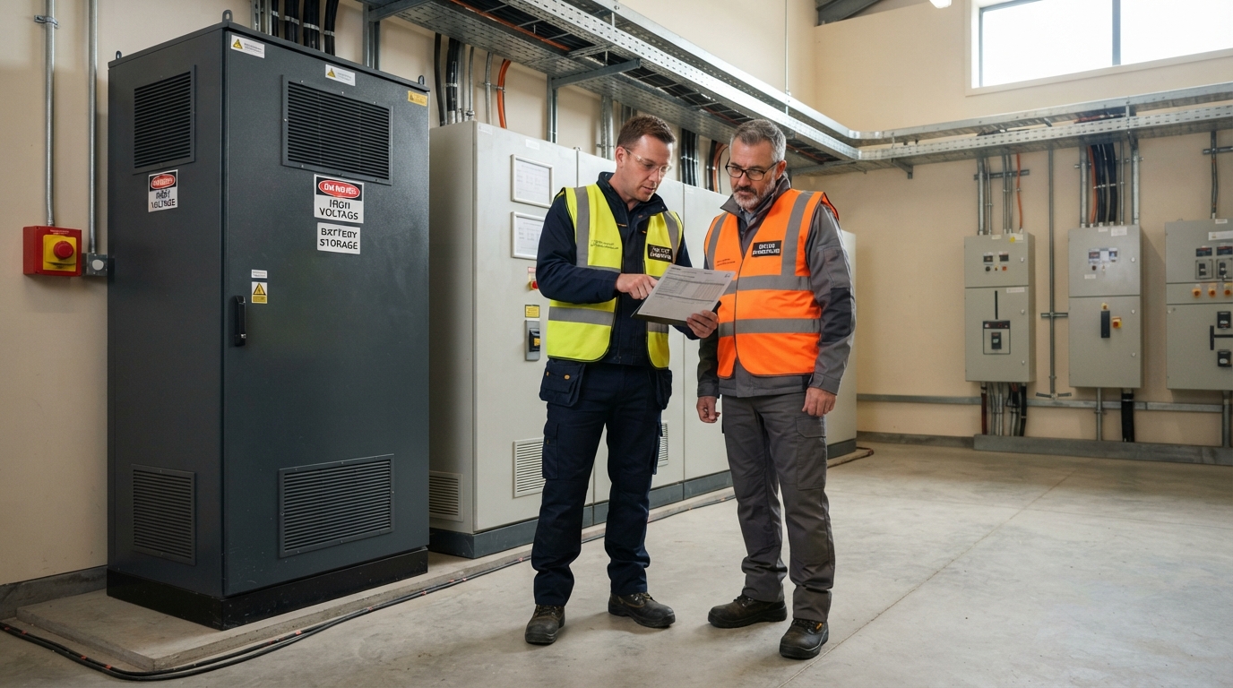 Commercial buyer and engineer reviewing a battery storage quotation in an electrical room.