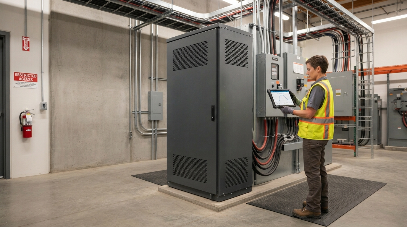 Commercial battery cabinet with engineer monitoring peak shaving operation.