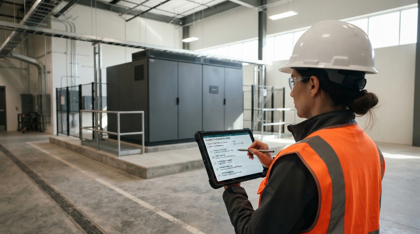 Energy manager reviewing battery storage supplier checklist at C&I site.
