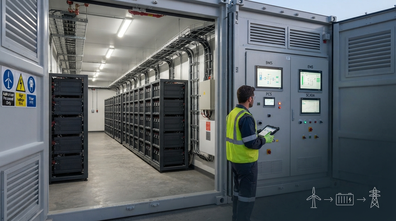 Engineer in PPE inspecting battery racks and control cabinet inside a wind-farm BESS container.