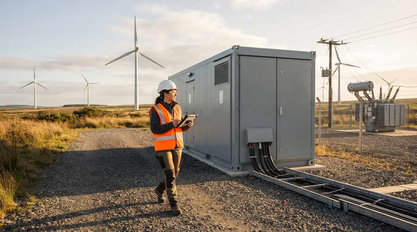 Engineer reviewing BESS supplier notes beside a wind farm energy storage container.