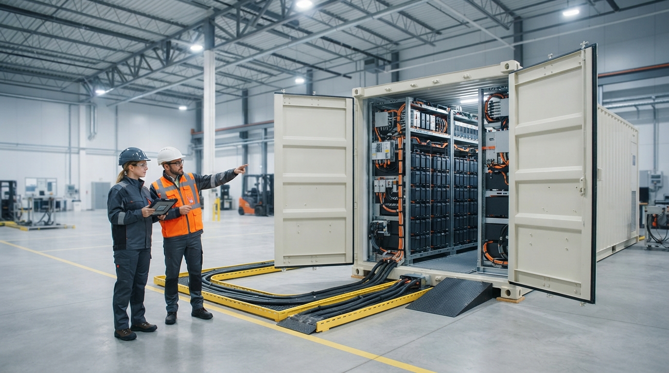 Engineers in PPE performing a factory acceptance test on a containerized battery energy storage system