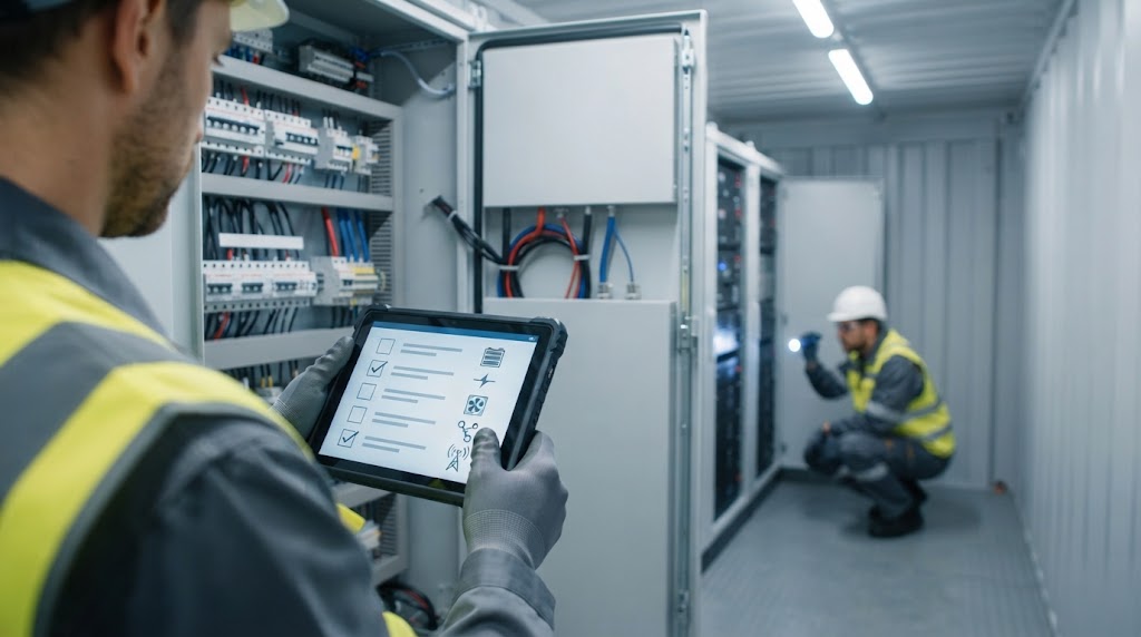 Engineer reviewing a digital FAT checklist in front of a containerized battery storage electrical panel