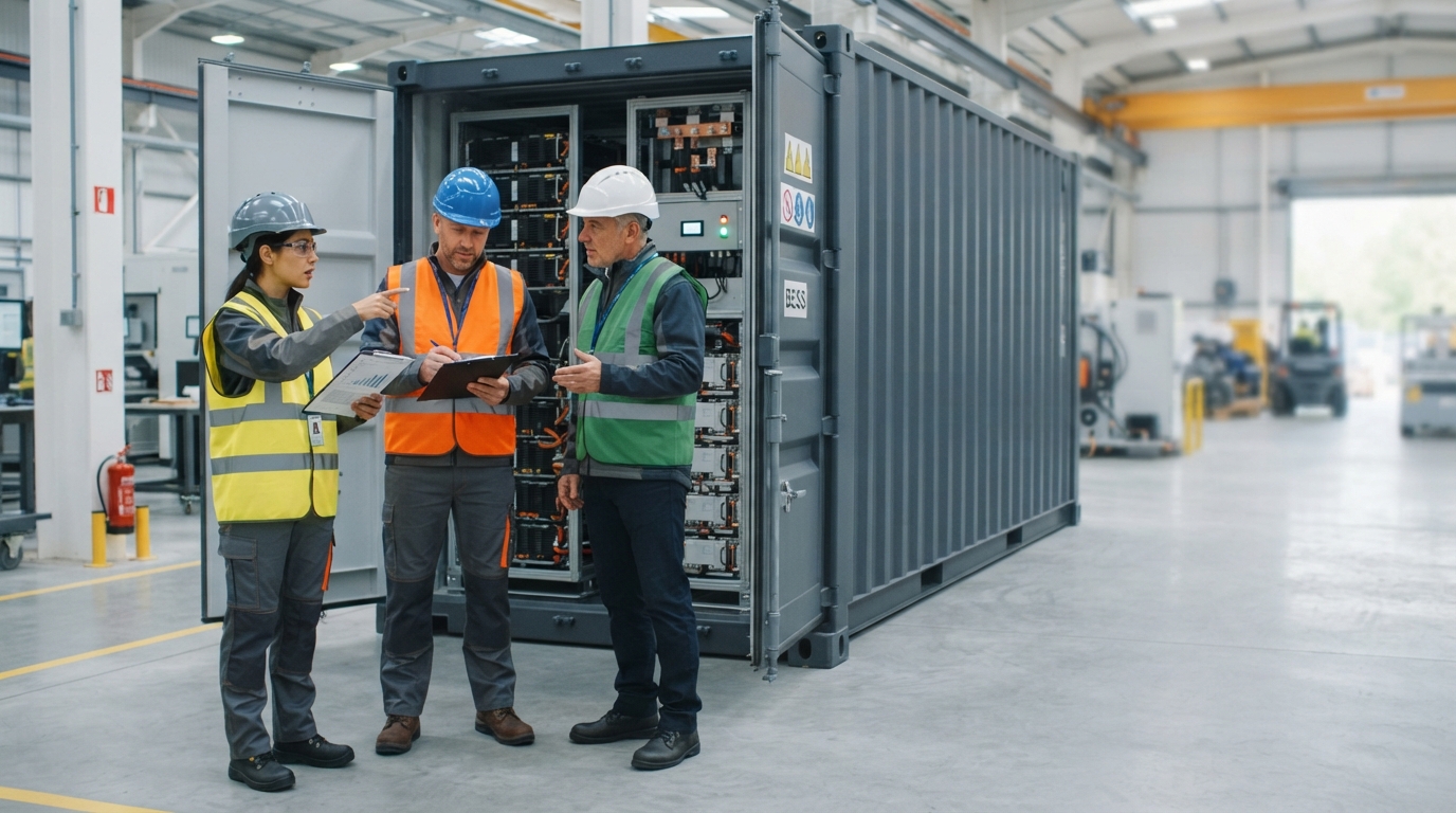 Three engineers witnessing and approving a BESS container factory acceptance test