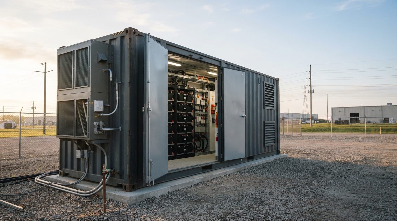 Containerized BESS with a wall-mounted HVAC unit and battery racks visible inside.