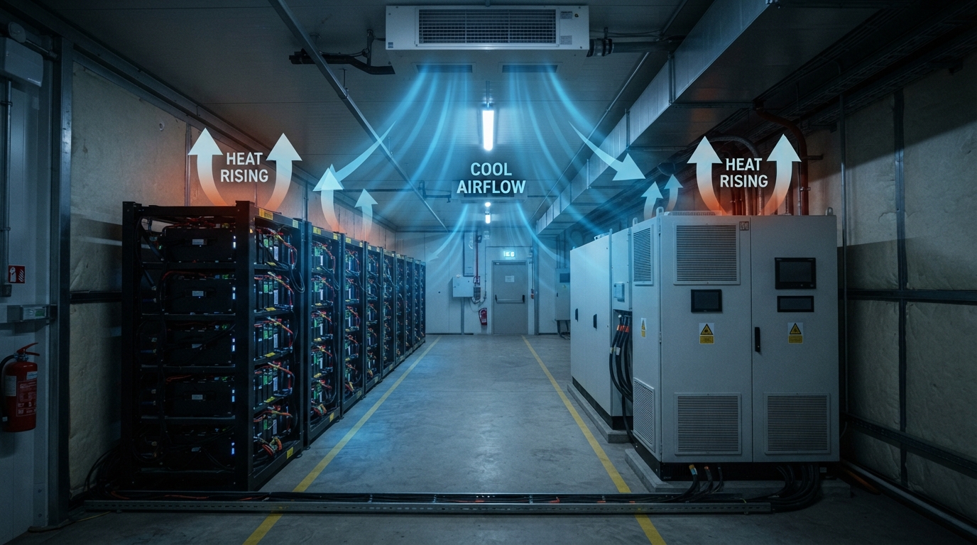 Interior BESS container with battery racks, inverter cabinet, and airflow arrows showing heat sources.