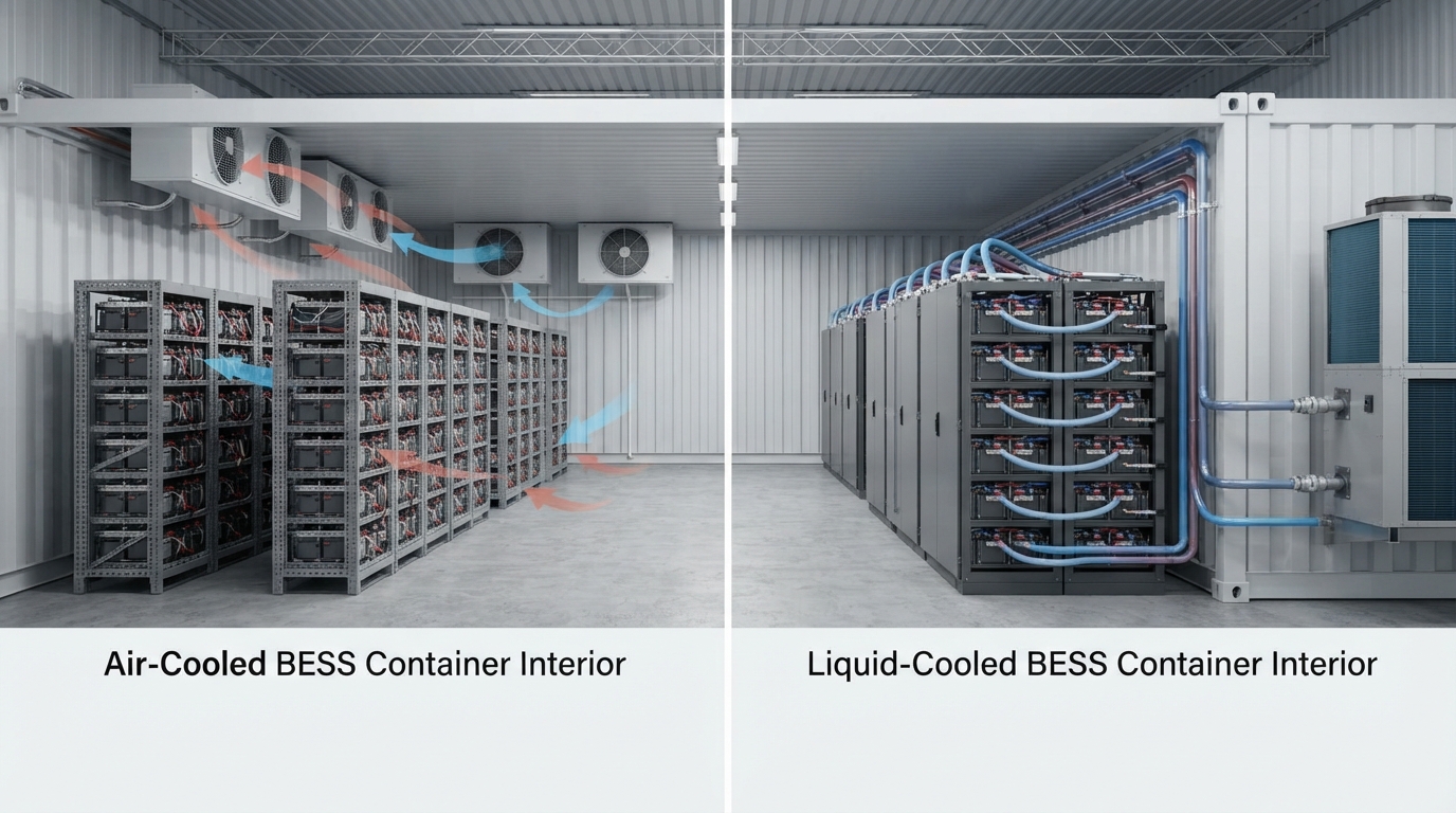 Side-by-side comparison of air-cooled and liquid-cooled BESS container thermal-management layouts.