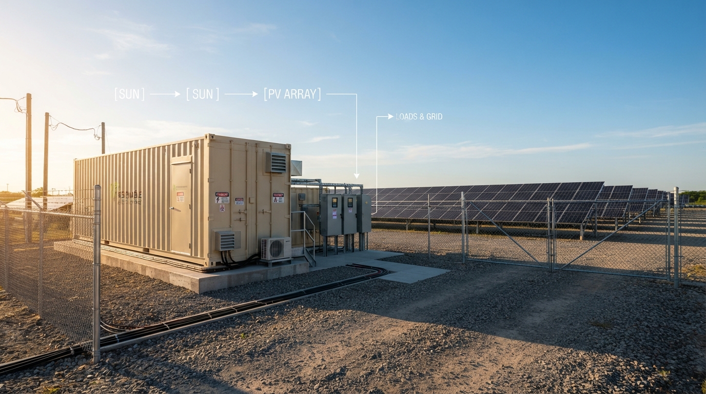 Solar hybrid battery container with PV array at a commercial site.