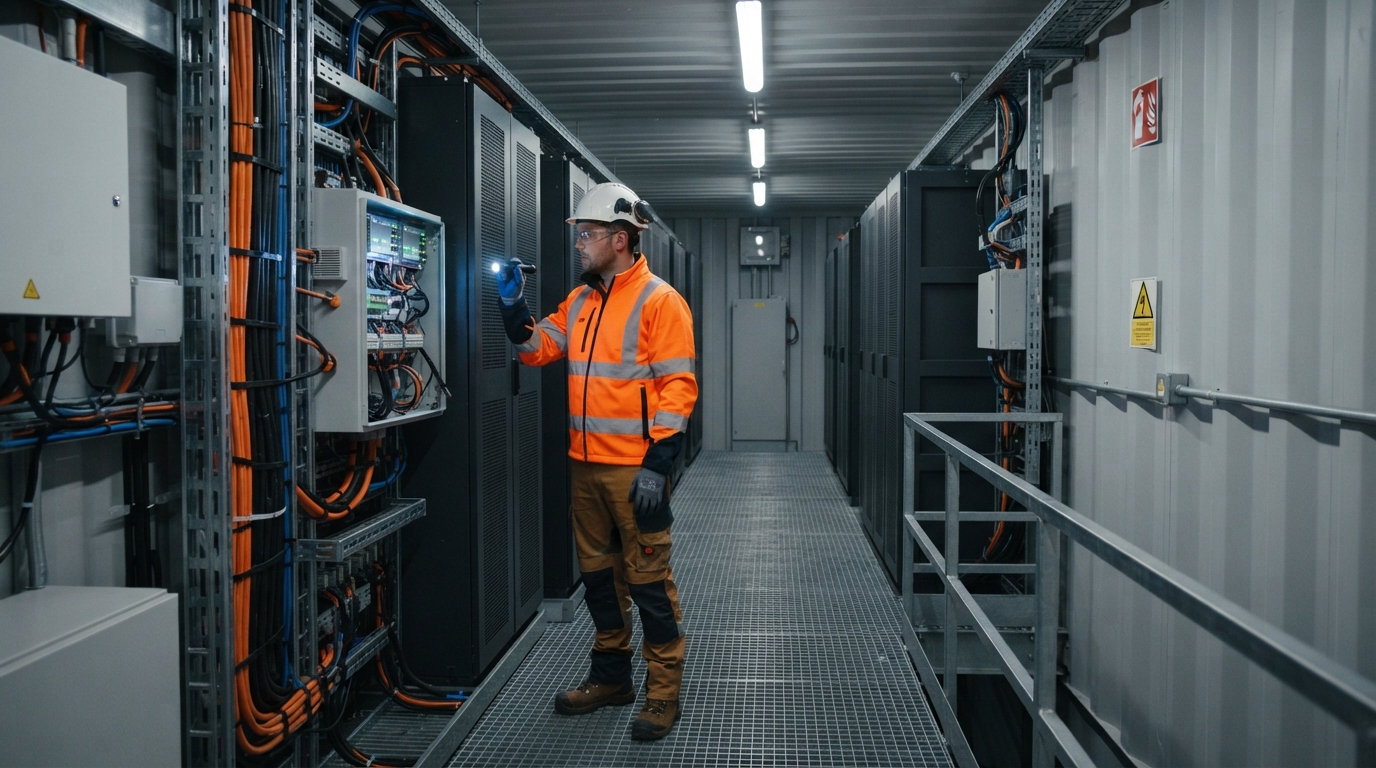Technician inspecting battery racks inside a solar hybrid battery container.