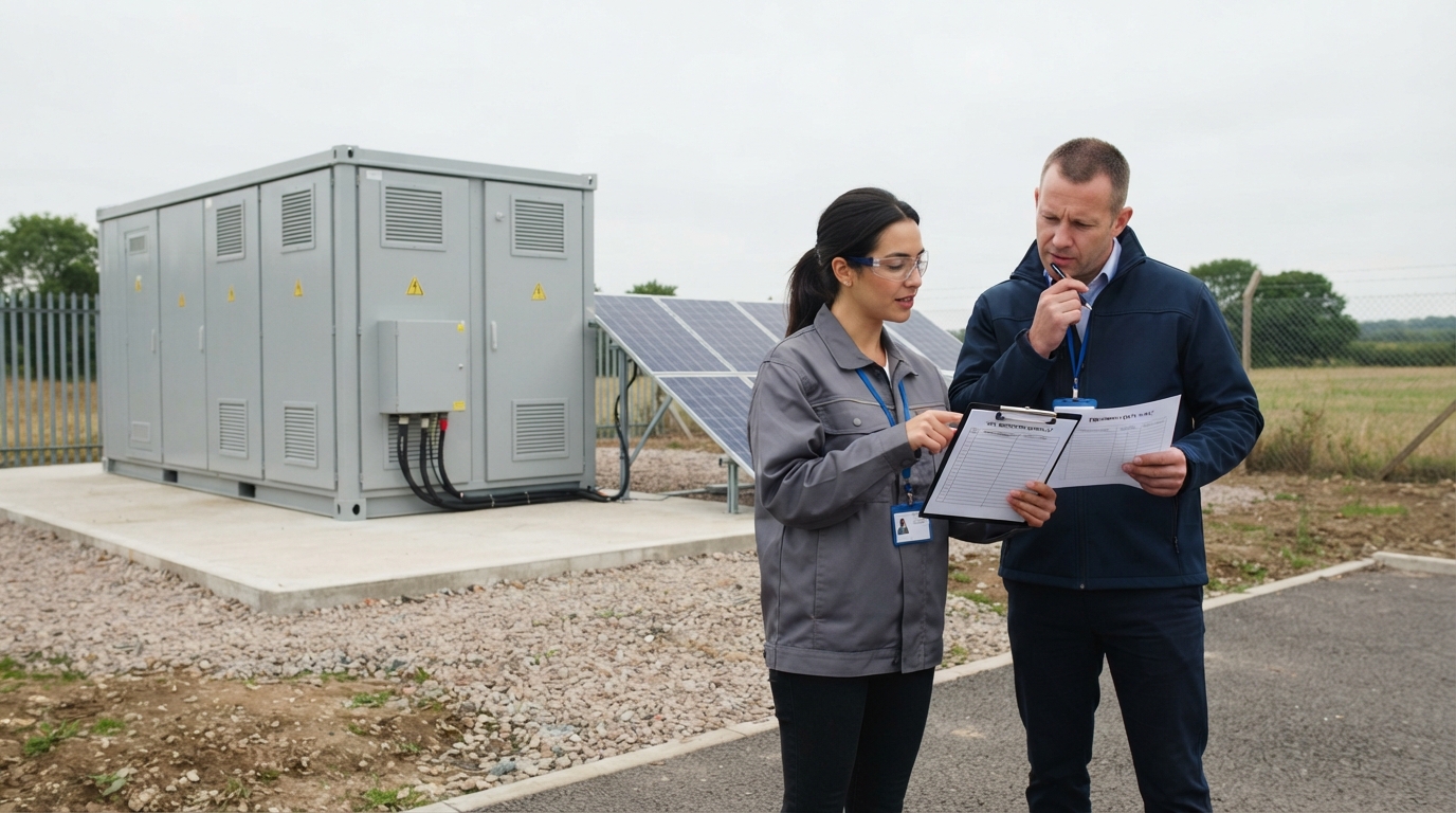 Engineer and project manager reviewing documents beside a solar hybrid battery container.