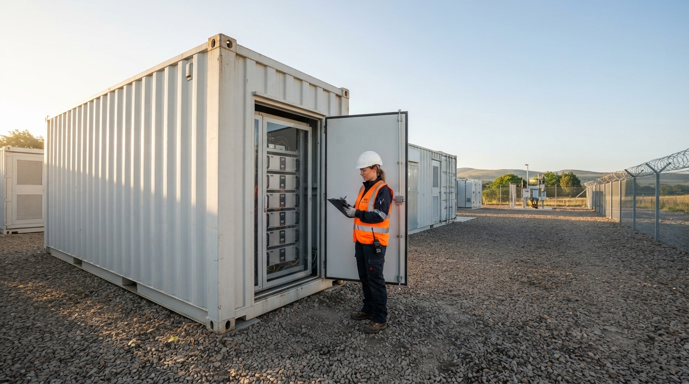 Engineer reviewing BESS container warranty checklist beside a containerized battery energy storage system.