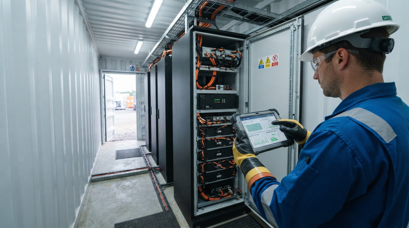 Technician reviewing commissioning capacity data on a tablet beside battery racks inside a BESS container.