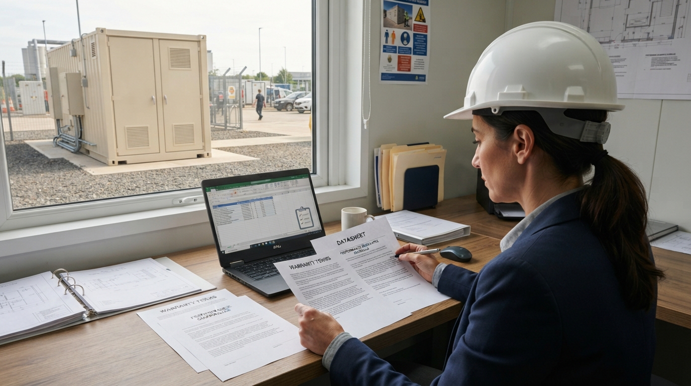 Buyer reviewing BESS container warranty documents with a BESS container visible outside the office window.