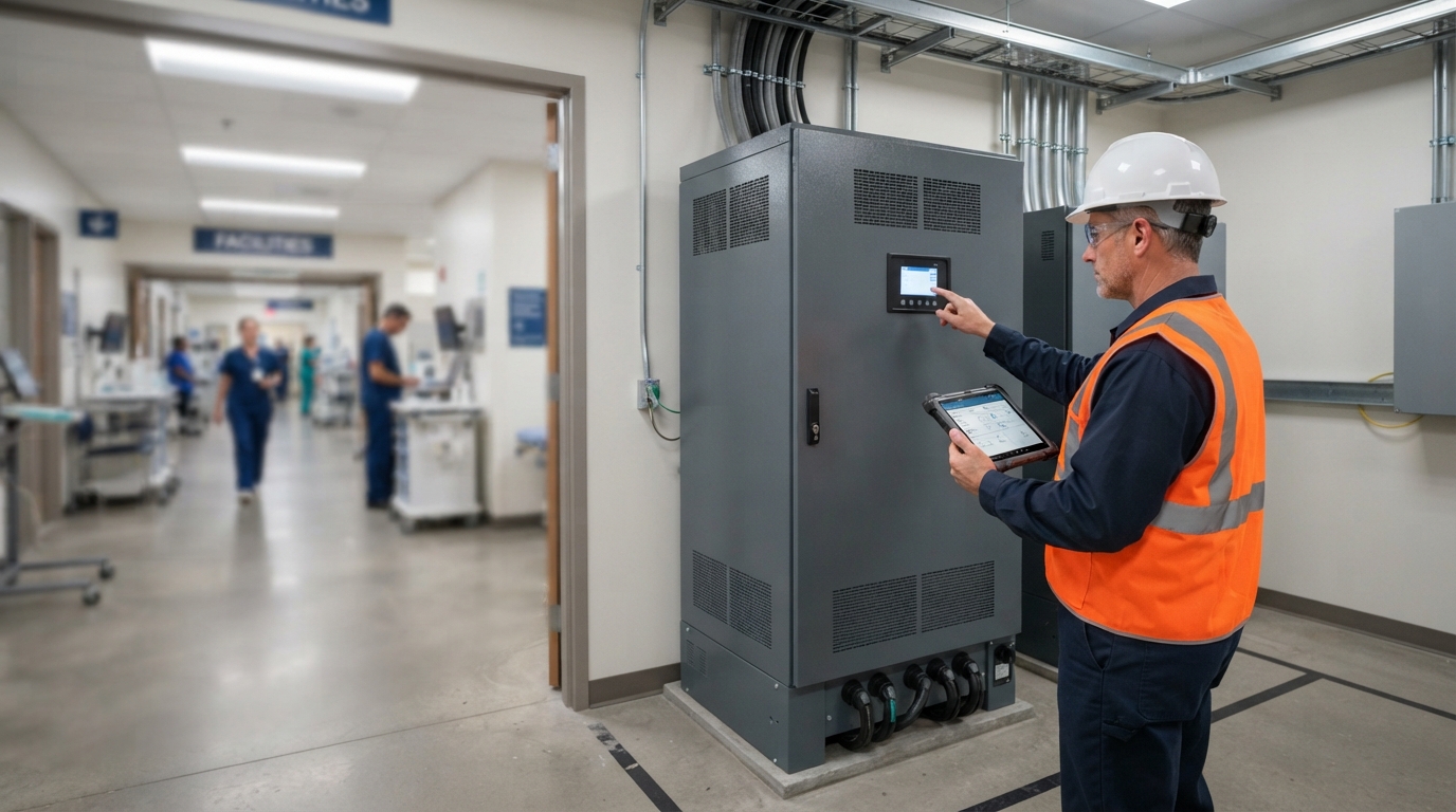 Hospital facility team inspecting a battery storage cabinet in a hospital electrical room.