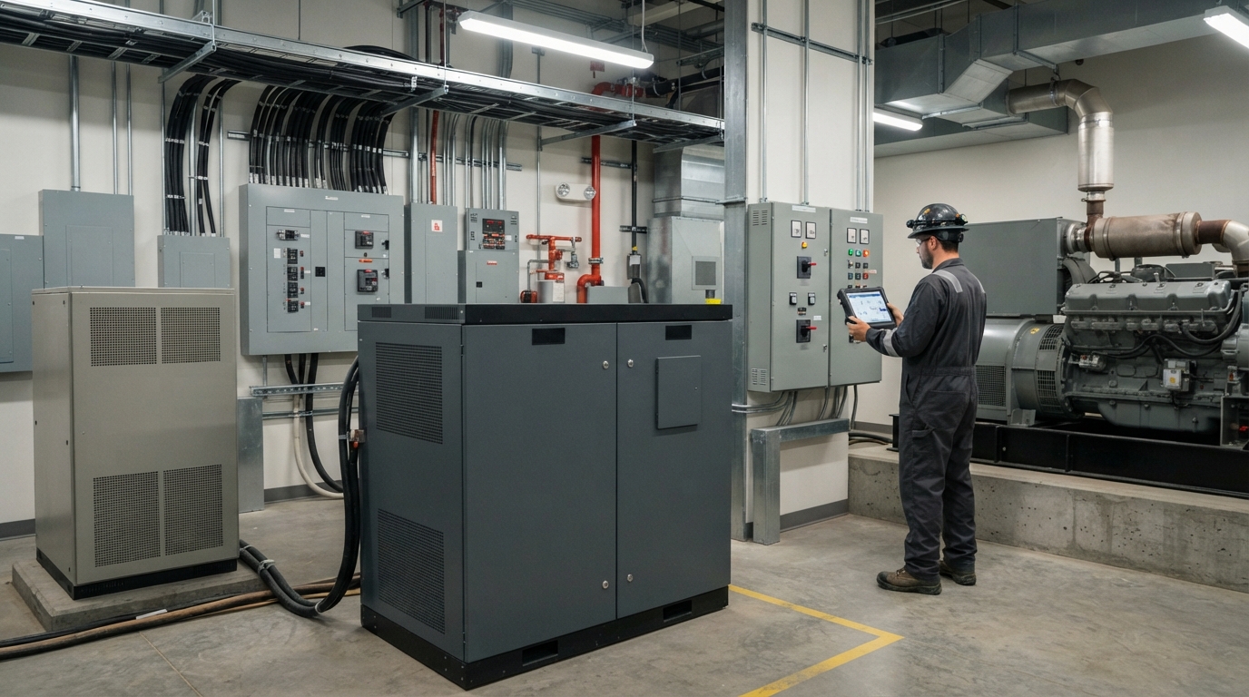 Hospital battery storage cabinet installed with generator and UPS in a power plant room.