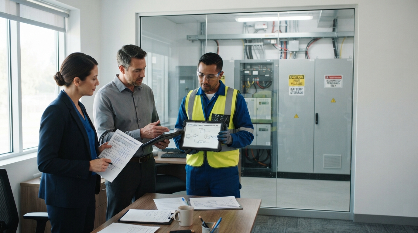 Engineers reviewing a BESS supplier checklist beside a battery storage rack.