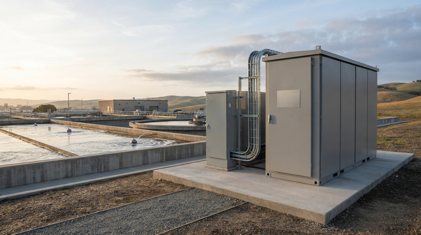 Commercial battery storage cabinet installed outdoors at a wastewater treatment plant.