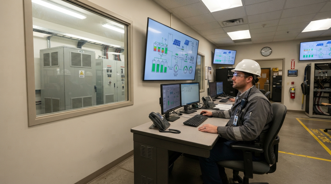 Plant operator monitoring battery storage status on a SCADA screen in a wastewater control room.