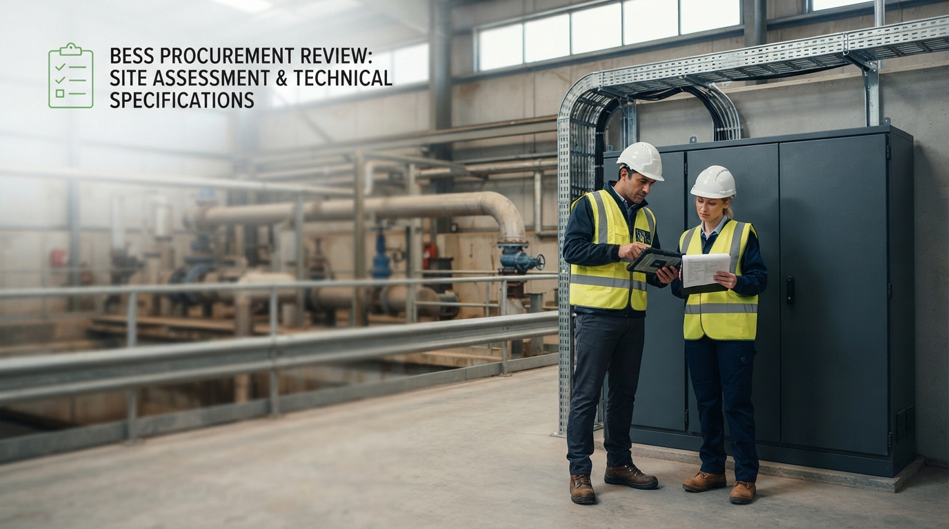 Engineers reviewing battery storage documentation in front of an industrial BESS enclosure.